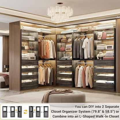Aheaplus Closet System Set of 3, 138.5" Wood Closet Organizer System Tower with 12 Drawers & 4 Hanging Rods, 6.7+4.85Ft L Shaped Walk-in Closets Wardrobe Organizer Garment Rack with Shelves, Black Oak