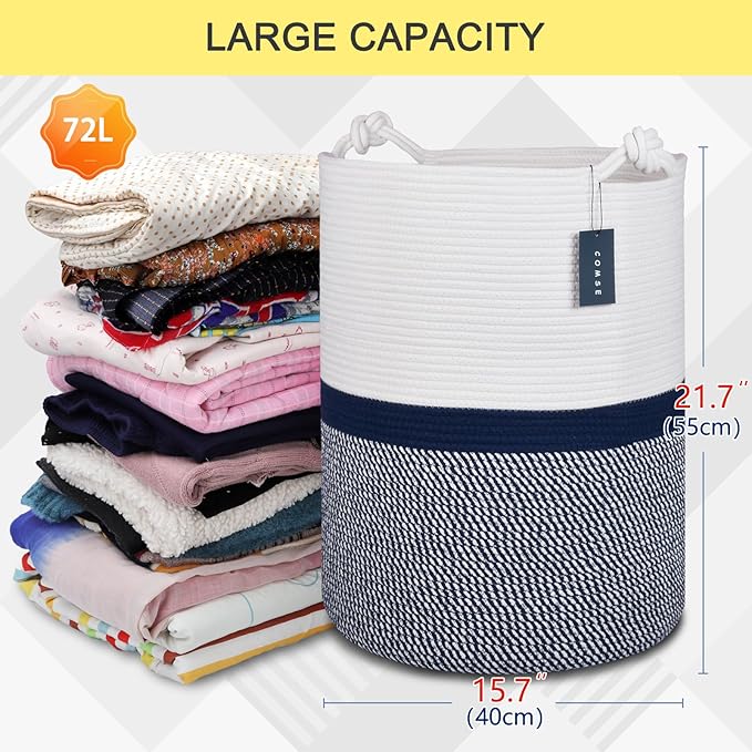 COMSE Extra Large Blanket Basket, Tall Woven Storage Basket, Nursery Hamper, 15.7”x 21.7”, Cotton Rope Laundry Hamper for Toys Clothes Towels, Blend White/Navy Blue