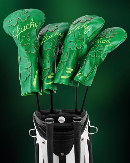 Golf Headcovers Golf Club Head Covers Four Leaf Clover Good Luck Charm - Clover Style Premium Leather Driver Fairway(FW) Wood Hybrid(UT) with Number Tags