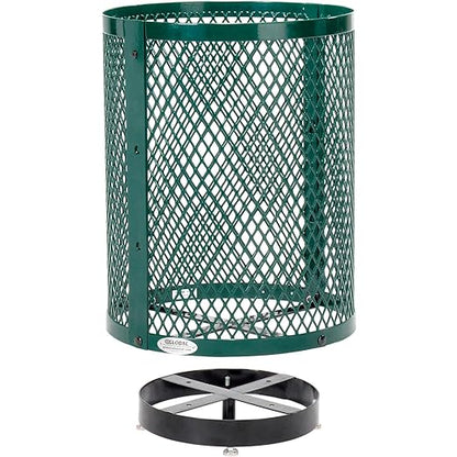 Global Industrial Outdoor Diamond Steel Trash Can with Rain Bonnet Lid, Raised Base and Plastic Liner, 36 Gallon Capacity, Green, Thermoplastic Coating, 23-1/2" Diameter, 43-1/2"H