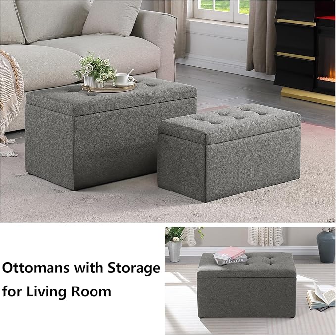 Storage Ottoman Bench with 2.56-inch Thick Seat, 31.5 inch Nesting Ottoman Set of 2, Hinged Flip Top Bench with Storage for Living Room, Bedroom, Light Grey
