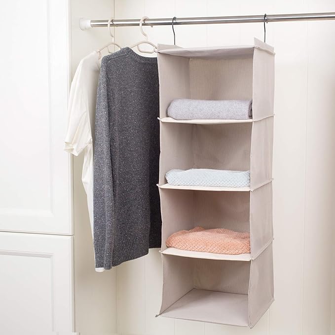 Hanging Closet Organizer and Storage, Foldable 4-Shelf Wardrobe Clothes Shelves Organizer, Imitation Linen Fabric, Beige Houndstooth