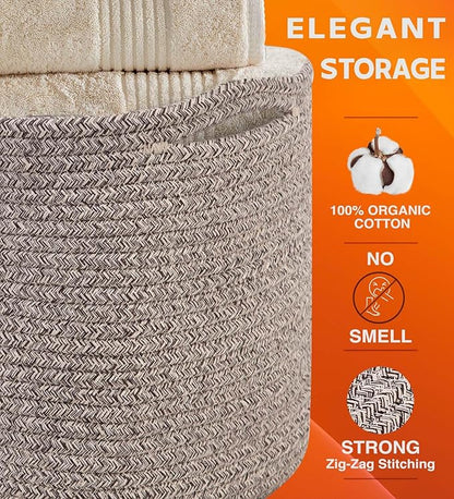 CHAT BLANC Cotton Rope Baskets for Organizing | Storage Baskets for Shelves | Rope Basket for Storage, Small Laundry Baskets, Woven Baskets for Storage, Dog Toy Bin, Baby Basket, Brown 3 Pack