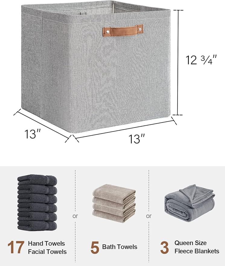 StorageWorks 13x13 Inches Storage Cube, Fabric Storage Bins with PU Handles, Collapsible Organizer Baskets for Closet, Gray, 4-Pack