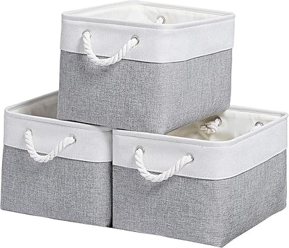 15x11x9.5 Inch Storage Baskets for Shelves,3 Pack Storage Bins，Foldable Organizer Boxes, Decorative Storage Basket for Organizing Clothes, Toys, Books, Foldable Cloth Baskets (White&Gray)