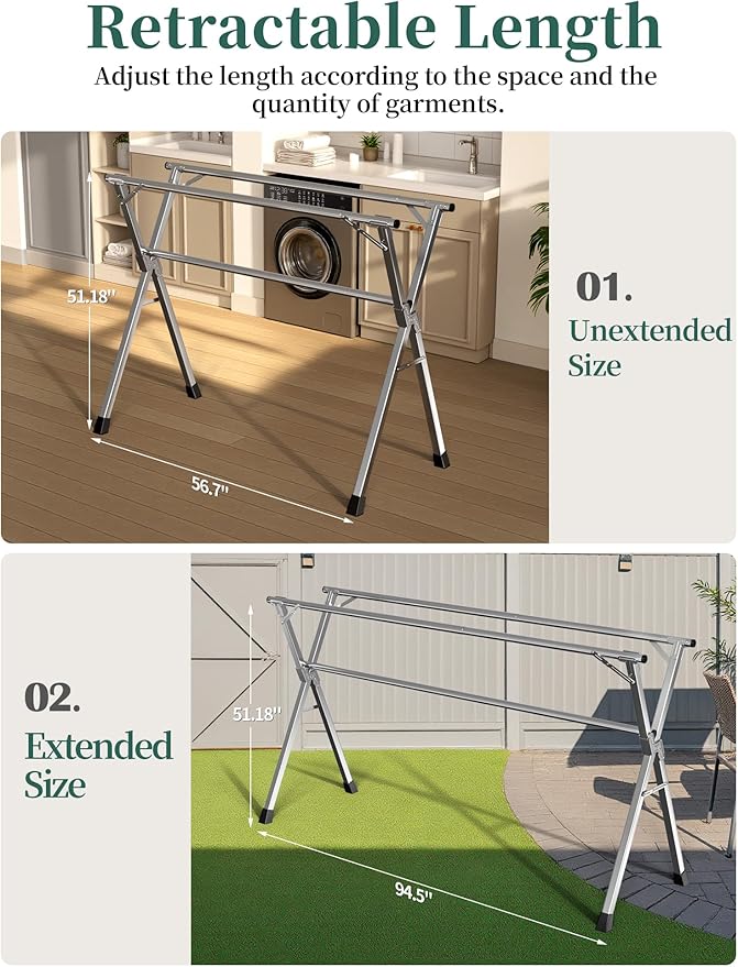 95 Inches Heavy - Duty Stainless Steel Folding Clothes Drying Rack - Indoor/Outdoor Use, Anti-Rust, 20 Windproof Hooks, Portable & Foldable (95'')