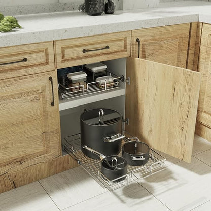 ROOMTEC Pull Out Cabinet Organizer, Slide Out Shelves 31" W x 21" D, Heavy Duty Kitchen Cabinet Organizers, Neutral