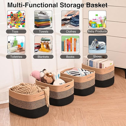 Storage Baskets for Shelves Organizing, Woven Cotton Rope Baskets for Storage, Book Basket, Towel Basket, 12.5"Lx9.1''Wx7.9''H (4 Packs) Gradient Black & Jute