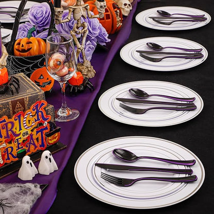 WDF 180 Pieces Black and Purple Halloween Plastic Silverware - Black Flatware Set Include 60 Forks, 60 Knives and 60 Spoons Heavy Duty Plastic Cutlery Purple Utensils for Halloween Party/Birthday
