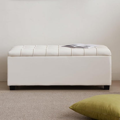 Small 38 Inches Long White Ottoman Bench with Storage,Footstool Furniture End of Bed Benches,Faux Leather Ottomans and Seat for Foot Rest in Bedroom, Living Room, Entryway