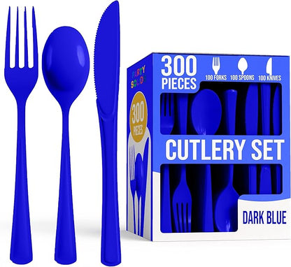 Party Solids Dark Blue Plastic Silverware Heavy Duty 300 Pcs Dark Blue Plastic Cutlery Sets, Utensil Sets, 100 Of Each Forks, Knives & Spoons Disposable Cutlery Set, Flatware Set For Party Supplies