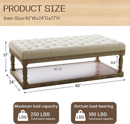 48" Large Ottoman with Storage Coffee Table, Upholstered Tufted Linen Ottoman Bench with Solid Wood Shelf for Living Room, Bedroom, Holds 250lbs (Ivory)