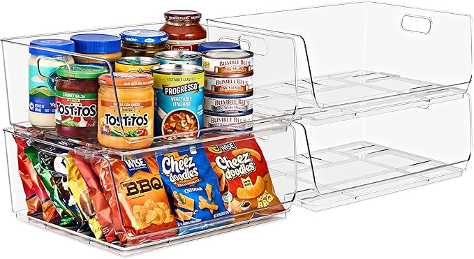 Sorbus Stackable Storage Bins Open Front - Pantry Bins for Storage and Organization - Acrylic Stackable Bins for Kitchen - Clear Pantry Organizer Bin (Large 4 Pack)