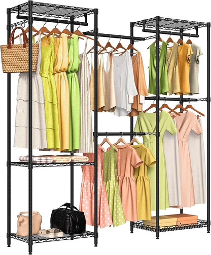 Heavy Duty Clothes Rack, Freestanding Garment Rack System Closet Organizer for Hanging Clothes, Metal Wire Clothing Rack with 5 Shelves & 5 Rods,Adjustable Wardrobe Shelf,Black