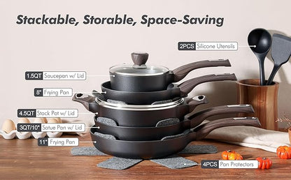 SENSARTE Pots and Pans Set Non stick, Non toxic Healthy Induction Cookware Sets, 14 Pcs Non Stick Kitchen Cooking Set with Frying Pans Set & Saucepan, PFOA PFOS APEO Free, Black