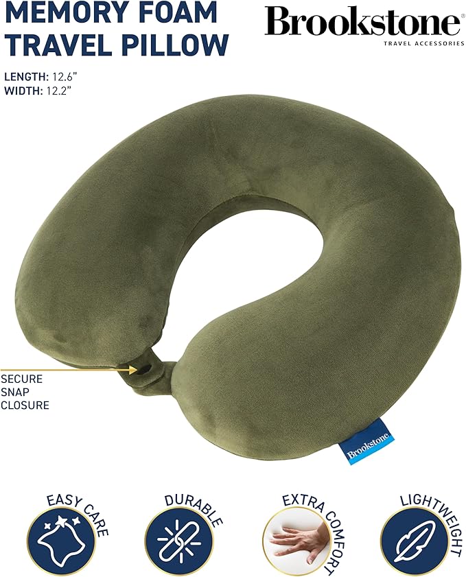 Brookstone Travel Neck Pillow - Lightweight Fleece Casing U-Shaped Stuffable Memory Foam Travel Pillow for Sleeping and Neck Support, Olive