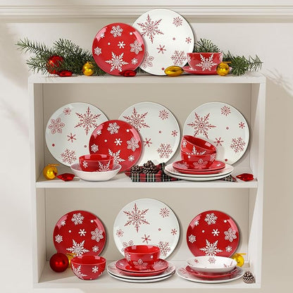 Ollieroo 4 Pieces Ceramic Christmas Cereal Bowls Set, 5.6 Inch White Red Snowflake Xmas Holiday Porcelain All Purpose Dessert Soup Bowls Set for Pasta, Rice, Salad, Microwave and Dishwasher Safe