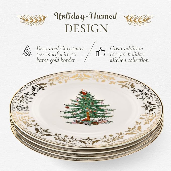 Spode Christmas Tree Gold Salad Plate (Set of 4) – 8-Inch Porcelain Dinner & Appetizer, Christmas Dinnerware & Holiday Tableware, Microwave & Dishwasher Safe, Festive Seasonal Dining Plate