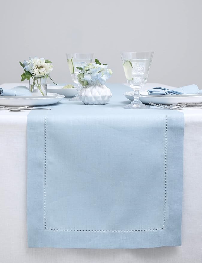 Solino Home Linen Sky Blue Table Runner 60 Inches - Classic Hemstitch, 100% Pure Linen Coffee Table Runner 14 x 60 Inch Ideal for Dresser Tables - Holiday, Christmas, New Year
