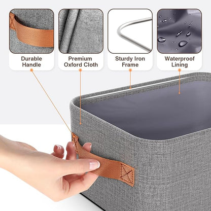 Large Storage Baskets for Shelves 3 Packs, Fabric Storage Bins for Shelves with Handles, 11.8'' L ×7.8'' W × 5.1'' H Collapsible Baskets for Organizing Clothes, Toy, Grey