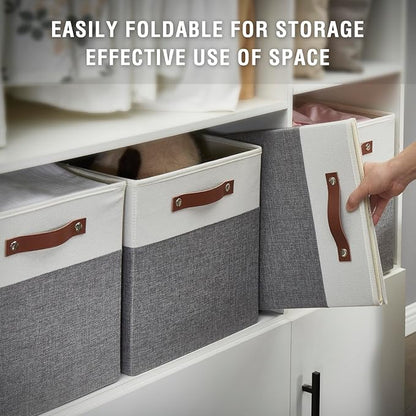 Collapsible Fabric Storage Cube Bins with 2 Reinforced PU Handles, Foldable Storage Organizer Baskets for Closet, Shelves, Living Room | 13"x13"x13", 4 Pack, Gray & White