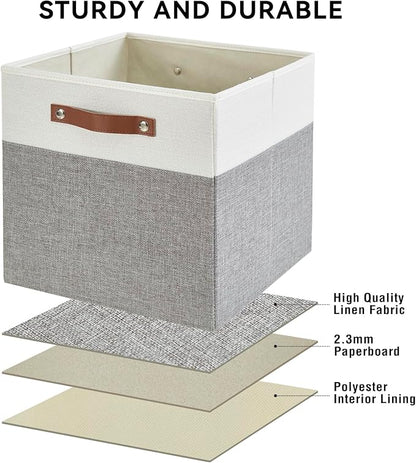 Collapsible Fabric Storage Cube Bins with 2 Reinforced PU Handles, Foldable Storage Organizer Baskets for Closet, Shelves, Living Room | 13"x13"x13", 4 Pack, Gray & White