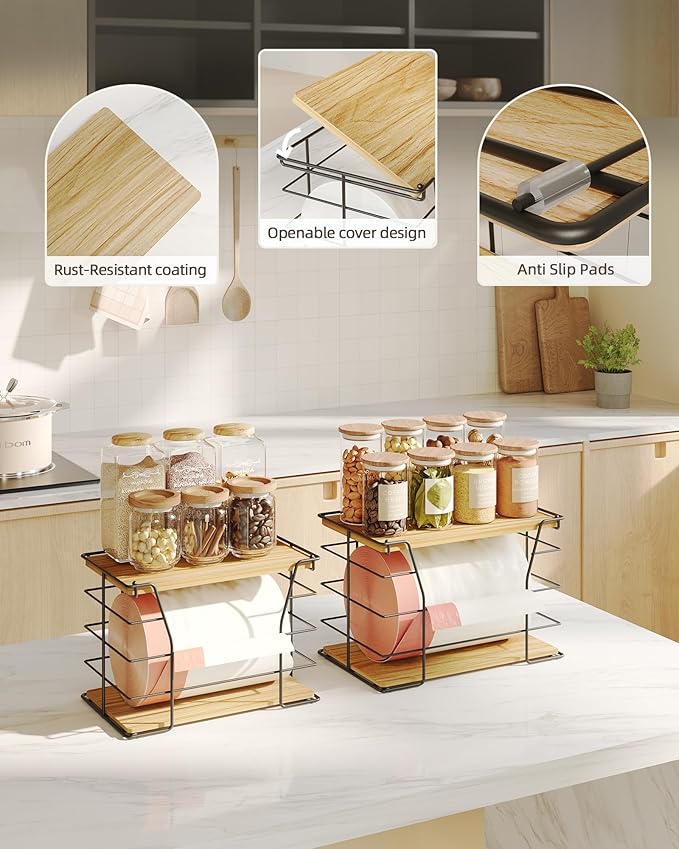 2 Pack Trash Bag Holder/Dispenser, Stackable Storage Laundry Kitchen Organizers for Countertop Organization, Wall Mount Garbage Bag Dispenser with wooden Top, No Drill