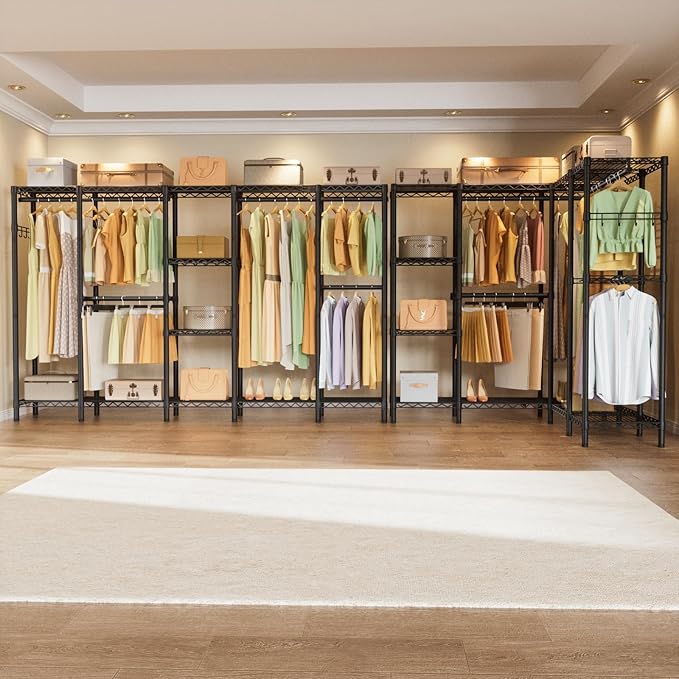 L Shaped Heavy Duty Metal Clothes Rack for Hanging Clothes,Freestanding Garment Rack Closet Wardrobe Rack Clothing Rack with 4 Hanging Rods & 1 Side Hook,50"Lx 50"Wx 76.4"H,Max Load 1100LBS