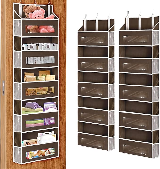 2 Packs 5-Tier Over the Door Storage Organizer with 10 Side Mesh Pockets, 48 lbs Load Capacity, 3 Hooks Design, Hanging Organizer with Clear Windows for Bathroom, Bedroom, Nursery, Kitchen-Brown