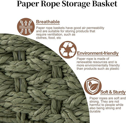 OIAHOMY Toilet Paper Baskets Handmade Paper Rope Decorative Wicker Storage Tank Shelf Cabinet Organizer for Bathroom Home, Set of 2, Green