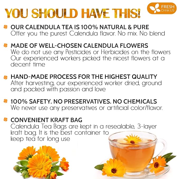 FreshDrinkUS, Premium 135 Calendula Tea Bags, 100% Natural and Pure Calendula Flowers, Eco-conscious Tea Bags. Herbal Tea. No Sugar, No Caffeine, No Gluten, Vegan.