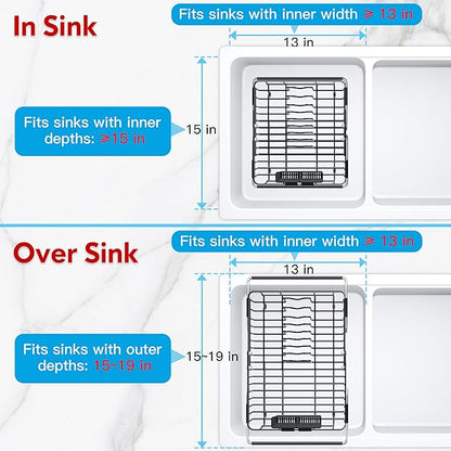 JASIWAY in Sink Dish Drying Rack, Expandable Stainless Steel Dish Drainers for Kitchen Sink, Over Sink Dish Drying Rack with Utensil Holder, 13.1''~16.6''D x 11.8''W, Black