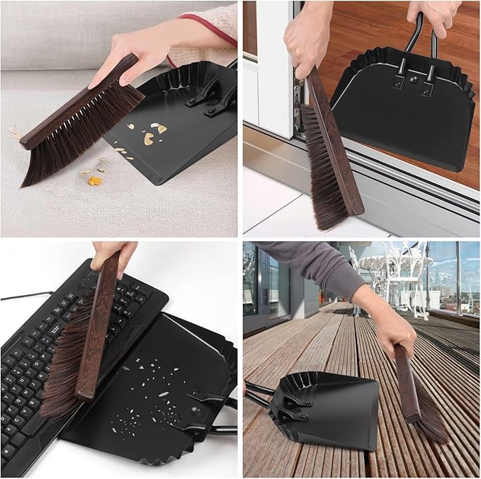 Dust Pan and Brush Set-Handheld Angled DustPan and Hand Broom Set, Large dust pan with handle,Heavy Duty Metal Dustpan and Brush Set Home For Small Item Sweeping Rubber Coated Easy to Grasp Handle