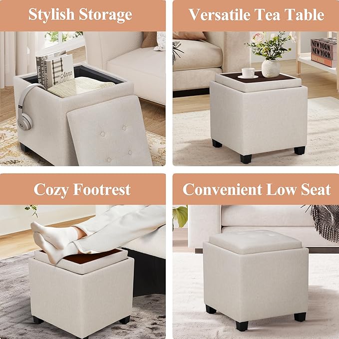 COLAMY Fabric Square Storage Ottoman with Reversible Tray Lid – Multi-Functional Footrest, Hidden Storage, Sturdy & Stylish Small Coffee Table for Living Room, Bedroom, or Entryway(Beige)