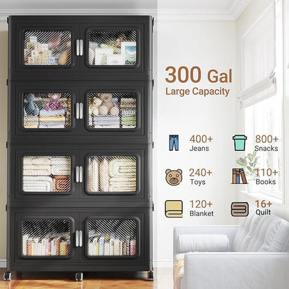 BROVIEW 1200 Qt Stackable Storage Bin with Lid, 300Gal Extra Large Collapsible Storage Boxes, Folding Plastic Drawer, Heavy-Duty Store Cabinet, Closet Organizer for Home Kitchen, 4 Pack Black