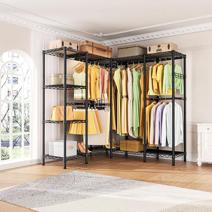 L Shaped Heavy Duty Metal Clothes Rack for Hanging Clothes,Freestanding Garment Rack Closet Wardrobe Rack Clothing Rack with 4 Hanging Rods & 1 Side Hook,50"Lx 50"Wx 76.4"H,Max Load 1100LBS