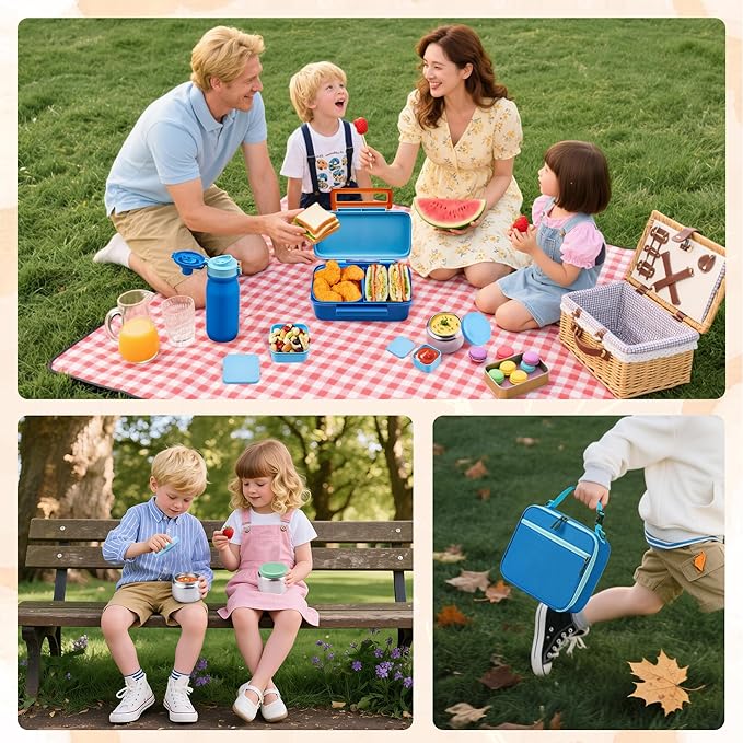 Bento Lunch Box for Kids With 8oz Thermo, Leakproof Bento Box with with 2 Compartments, Insulated Bottle, Lunch Bag, BPA Free Dishwasher Safe for School Girls Boys (Blue)