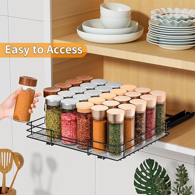 RCHYFEED Pull Out Spice Rack Organizer for Cabinet,Slide out Spice Organization for Inside Cabinets,Heavy Duty Seasoning Organizer Fits Kitchen and Pantry,Sauces,Canned (12.5''Wx10.5''Dx2.5''H)