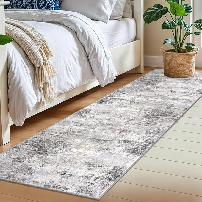 IOHOUZE Abstract Runner Rug 2x7 Ft Washable Runners for Hallways, Non Slip Kitchen Runner Printed Faux Wool Entryway Runners Indoor, Modern Abstract Floor Carpet for Hall Kitchen Bedroom, Grey Beige