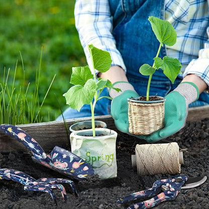 WORKPRO Aluminum Garden Tool Set, 4PCS Heavy Duty Hand Garden Tools with Box Include Trowel, Rake, Pruner, Garden Gloves, Floral and Insect Printing, Garden Gifts