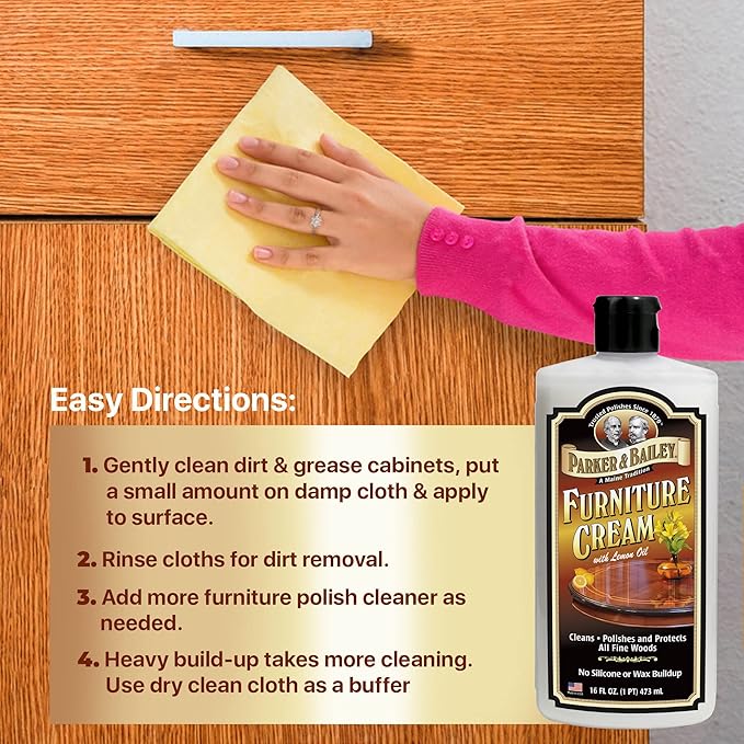 PARKER & BAILEY FURNITURE CREAM - Multisurface Wood Cleaner And Polish Furniture Quick Shine Restorer Protector Kitchen Cabinets Surface Cleaner House Cleaning Supplies Home Improvement, 16oz