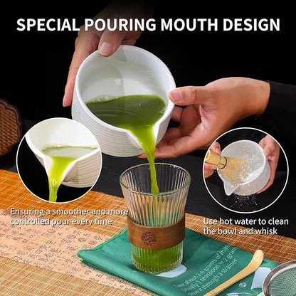 Matcha Bowl Set, Matcha Whisk and Holder, Stainless Sifter & Bamboo Scoop, Towel, 7 PCS Matcha Starter Kit for Matcha Lovers, White