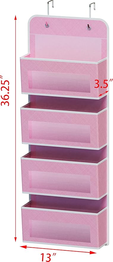 Simple Houseware 4 Clear Window Pocket Over Closet Door Storage Hanging Organizer for Bedroom, Bathroom, Pantry, Pink