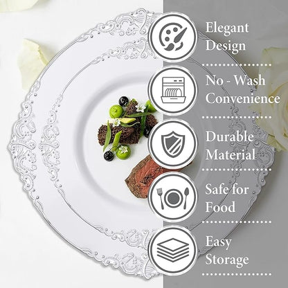 Nervure 350PCS Silver Plastic Plates - Silver Plastic Dinnerware Sets for 50 Guests - 100 Disposable Plates, 150 Silverware, 50 Cups, 50 Napkins for Wedding & Party