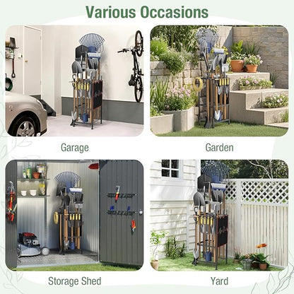 Garden Tool Organizer,Metal Yard Tool Organizer,Holds 50 Long-Handled Tools/Rakes/Brooms,Side Garden Pocket,Heavy Duty Steel Yard Tool Storage Rack for Garage,Shed, Outdoor