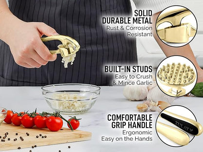 Zulay Kitchen Premium Garlic Press with Soft, Easy to Squeeze Handle - Includes Silicone Garlic Peeler & Cleaning Brush - 3 Piece Garlic Mincer Tool - Sturdy Easy to Clean Garlic Crusher (Gold)