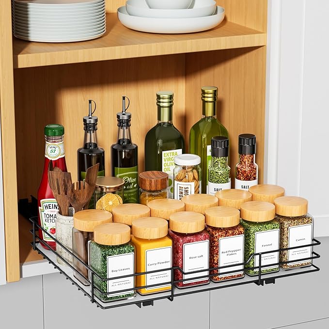 RCHYFEED Pull Out Spice Rack Organizer for Cabinet,Slide out Spice Organization for Inside Cabinets,Heavy Duty Seasoning Organizer Fits Kitchen and Pantry,Sauces,Canned (12.5''Wx10.5''Dx2.5''H)