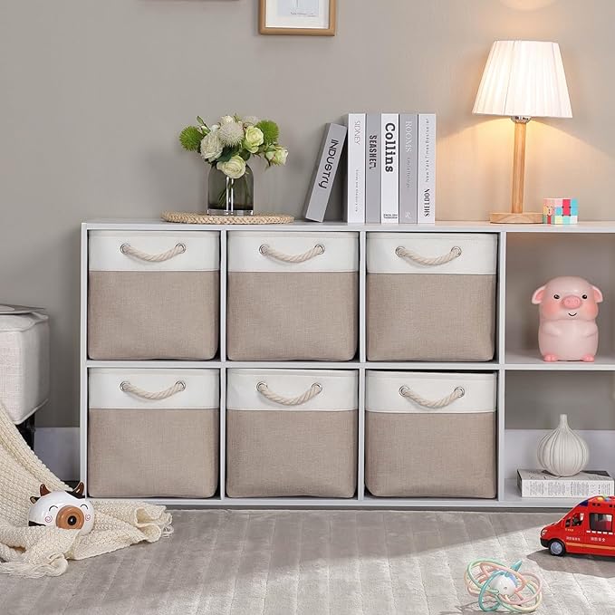 Mangata Canvas Storage Boxes, 11.8 Inch Cube Storage Bins Set of 6 for 12 Inch Cabinets, Fabric Baskets with Cotton Rope Handle for Organizing Clothes Nursery Home (Khaki/White)
