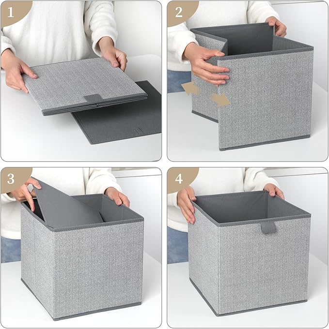 Storage Baskets, 11.8-Inch Woven Fabric Bins, Storage Cubes with Reinforced Handles, Organizer Bins for Closet Shelves, Foldable, for Toys, Clothes, Natural Beige (2PCS/Grey-11.8*11.8*11.8inch)