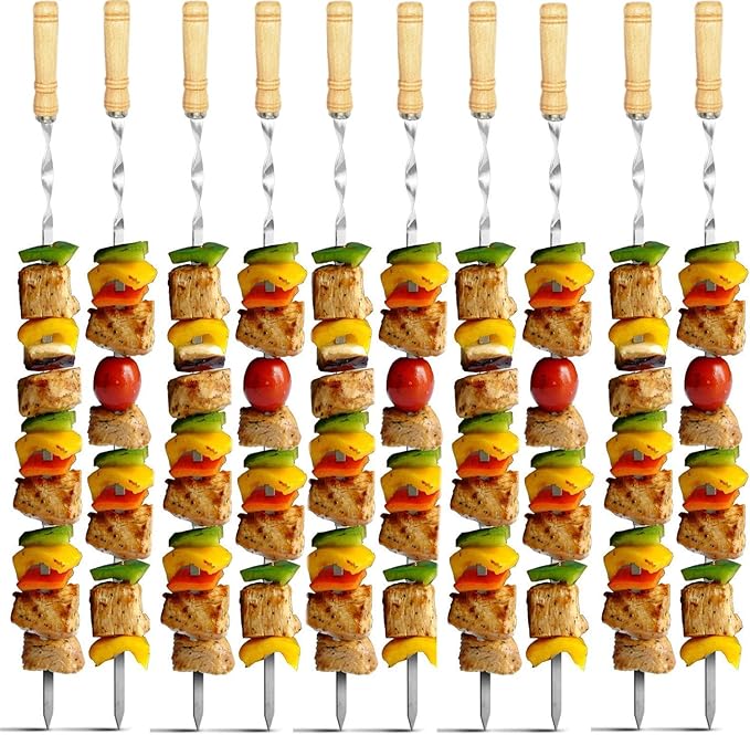 Antallcky 12 Pack Kebab Skewers 22 Inch BBQ Barbecue Skewers Stainless Steel Sticks Heavy Duty Large Wide Reusable with Nonslip Wooden Handle Ideal for Shish Kabob Chicken Shrimp and Vegetables